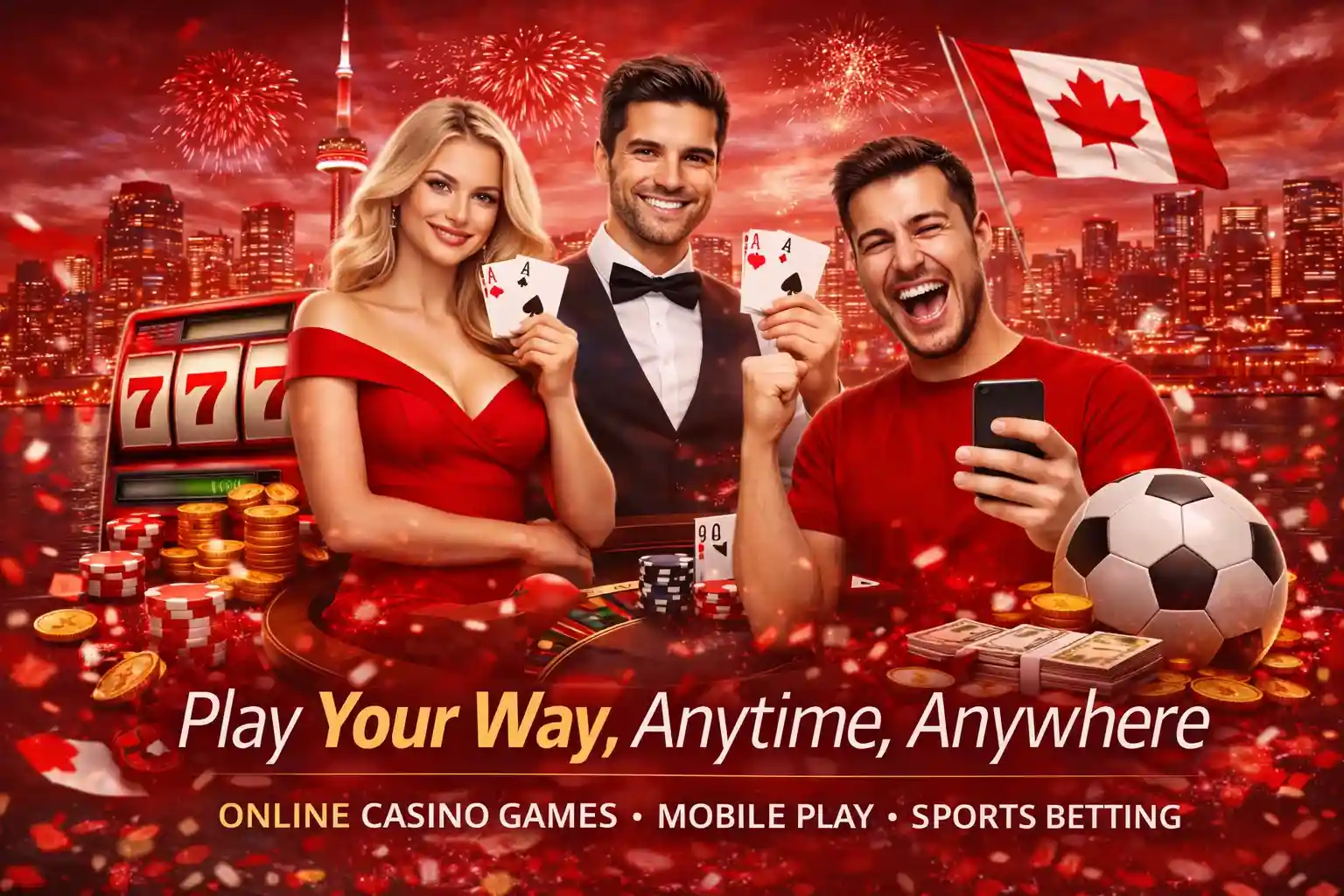 Canadian players enjoying online casino games with cards slots and city skyline