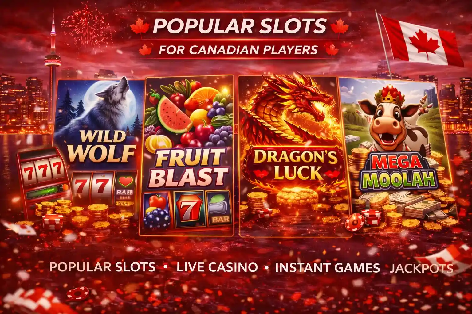Popular slot games collage for Canadian players with jackpots and classic symbols